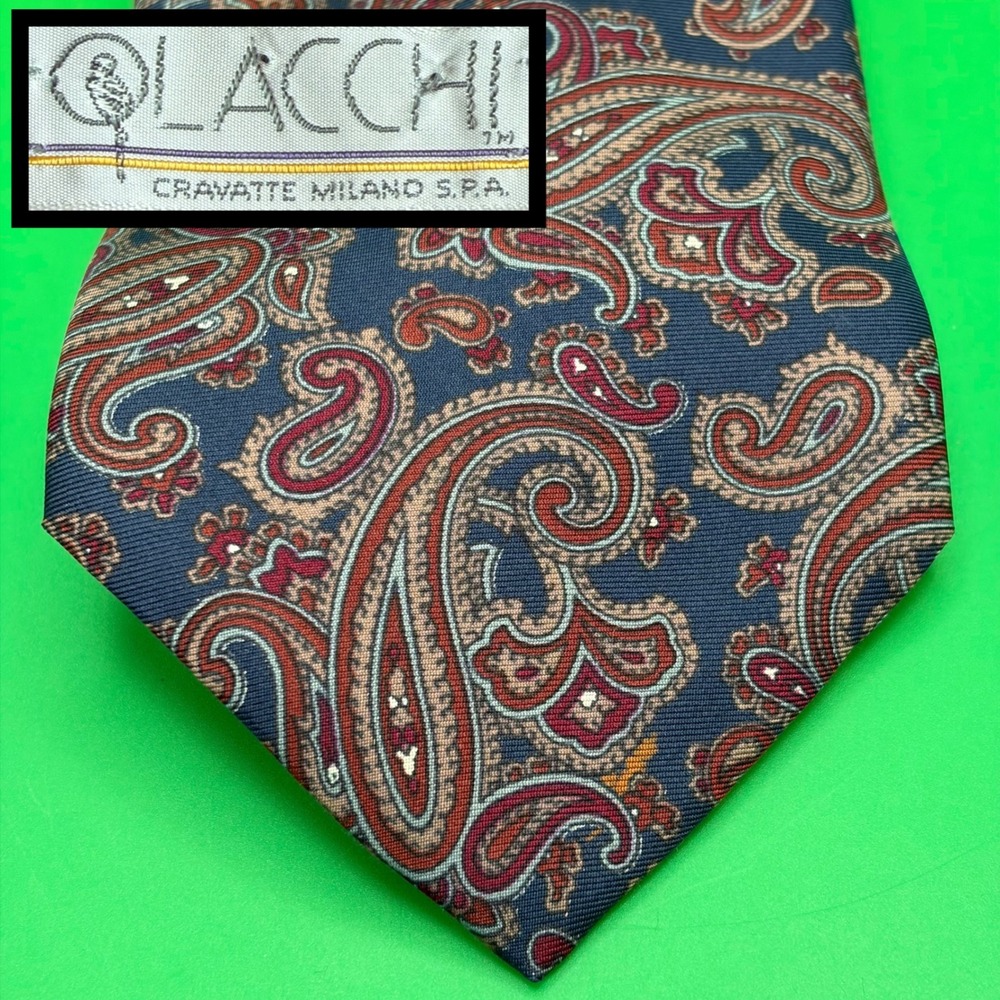 VTG 90s Olacchi 100% Silk Necktie Mens Extra Long 63" Blue Paisley Tie USA Made